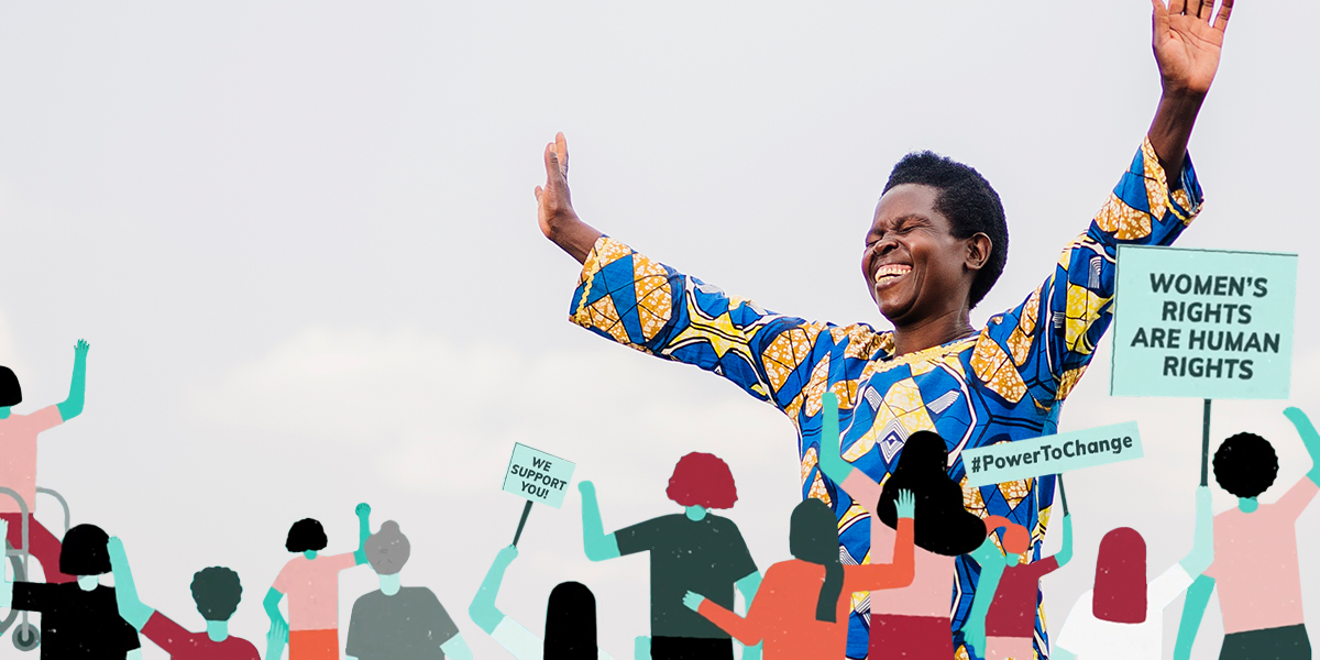 Woman with her arms outstretched behind illustrations of women clamoring for change